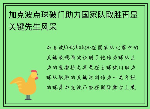 加克波点球破门助力国家队取胜再显关键先生风采 加克波点球破门助力国家队取胜再显关键先生风采